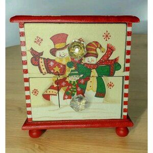 Handpainted Wooden Snowman Storage Jewelry Footed Box 2 Drawer Christmas Holiday